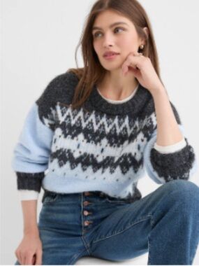 LOFT Women’s Fair Isle Fuzzy Sweater Small Blue Gray Wool Blend Nordic Crewneck